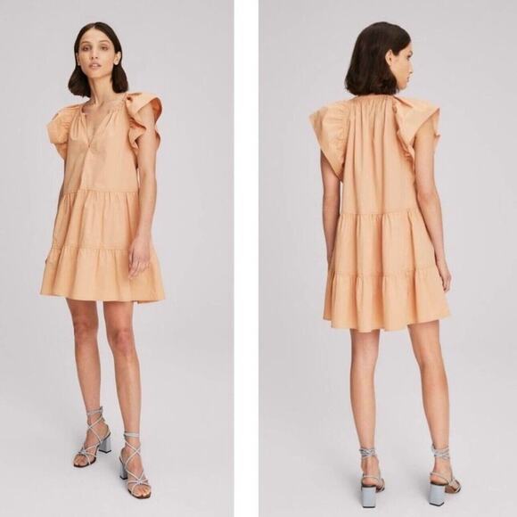 A.L.C. Harper Ruffle Sleeve Dress Peach Orange Mini Cotton Tiered A Line US 8 - Picture 3 of 11